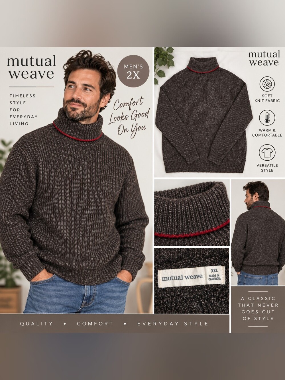 Mutual weave mens 2X brown turtleneck knitted sweater #19